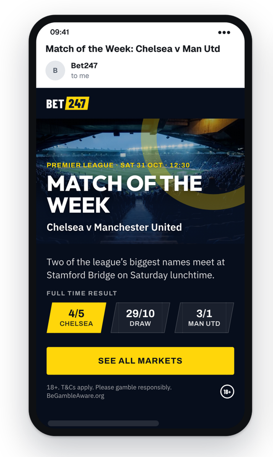 The Match of the Week block in a Bet247 newsletter, built from this feed