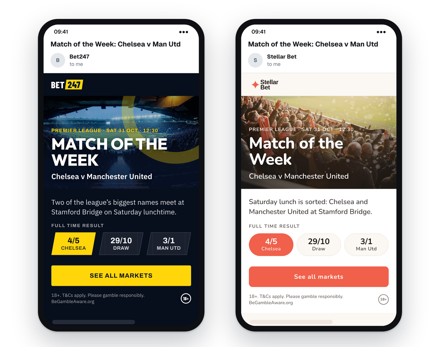 The same Match of the Week block in a Bet247 and a Stellar Bet newsletter on a phone